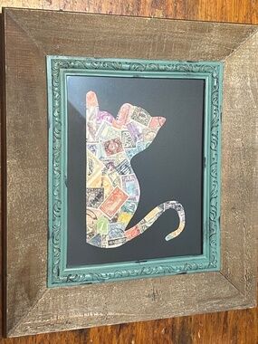 Framed repurposed stamp art kitty cat